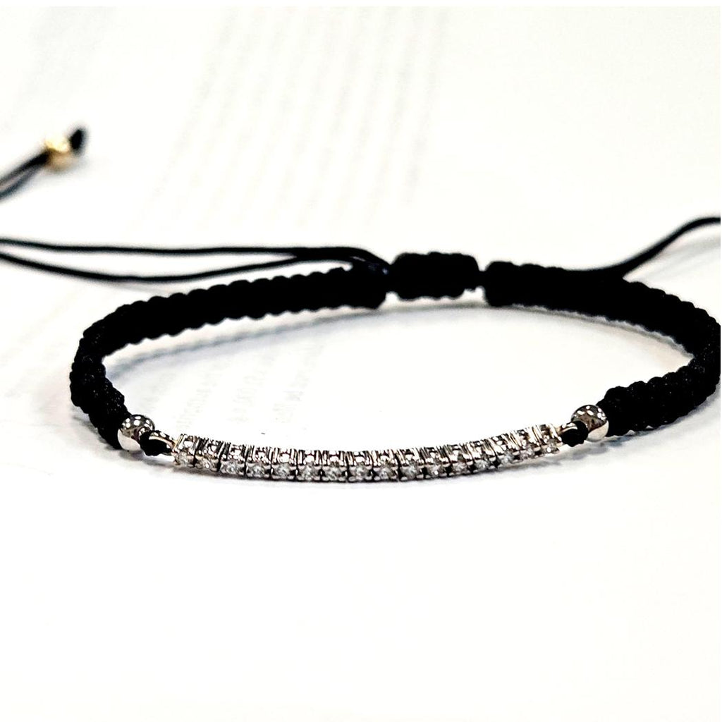 14 Karat White Gold Diamond Adjustable Unisex Bracelet, Black Cord, Accessible Luxury MDEB-00307