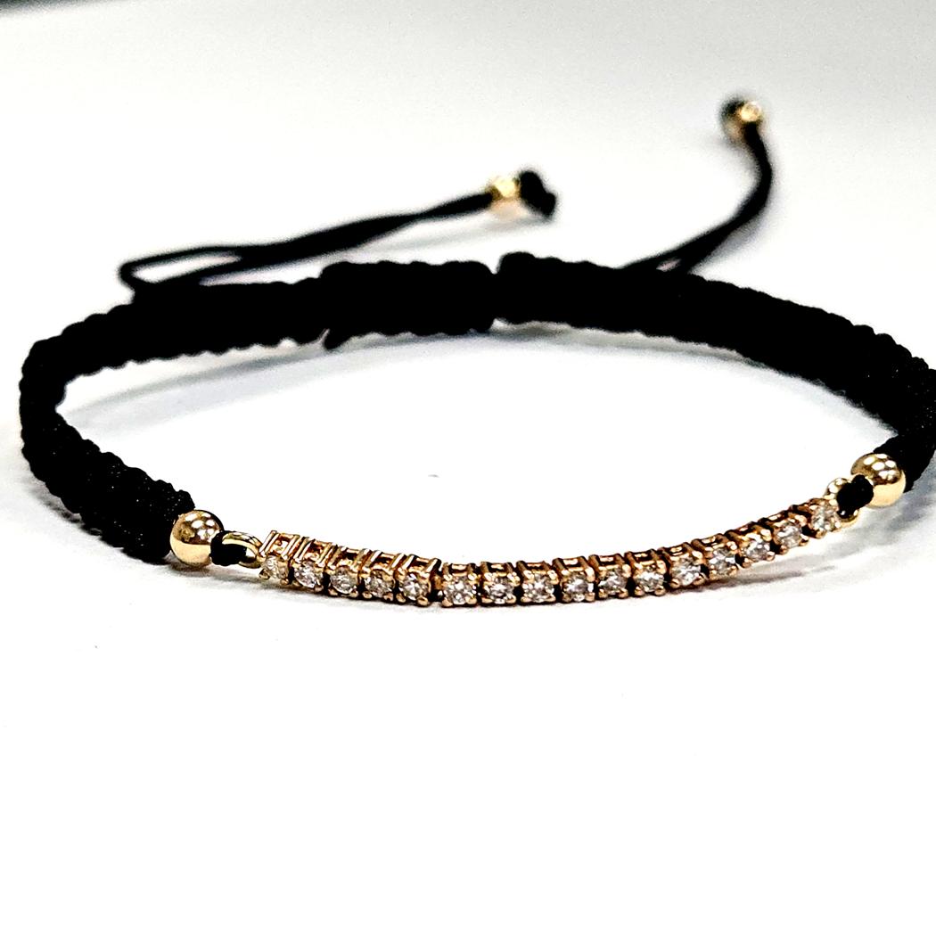 14 Karat Yellow Gold Diamond Bar Adjustable Unisex Bracelet, Black Cord, Accessible Luxury MDEB-00308