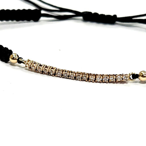 14 Karat Yellow Gold Diamond Bar Adjustable Unisex Bracelet, Black Cord, Accessible Luxury MDEB-00308