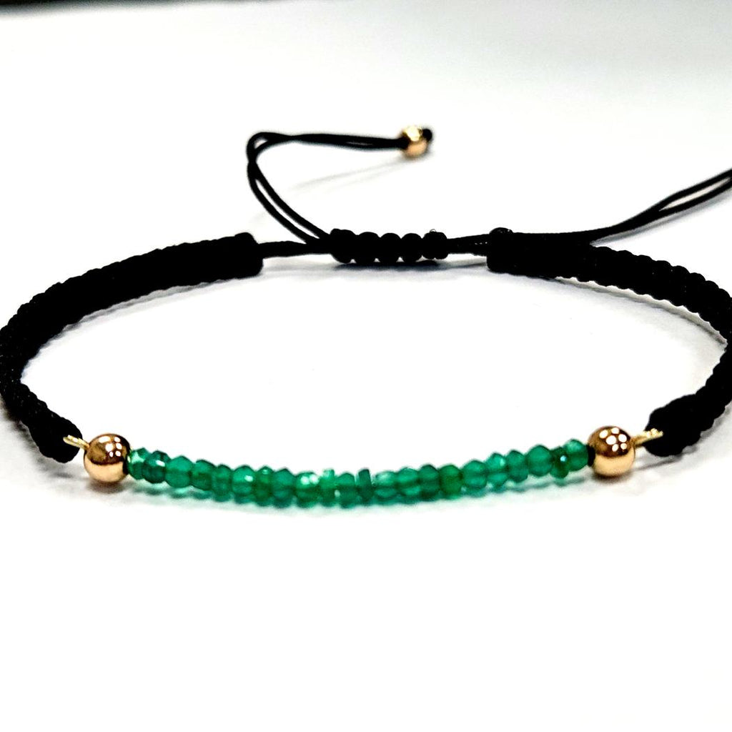 14 Karat Yellow Gold Natural Emerald Bead Adjustable Unisex Bracelet, Black Cord, Accessible Luxury MDEB-00309