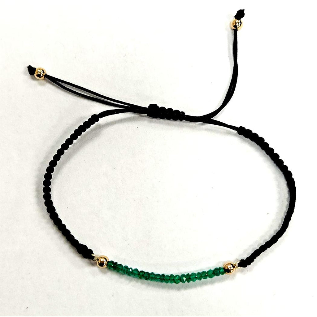 14 Karat Yellow Gold Natural Emerald Bead Adjustable Unisex Bracelet, Black Cord, Accessible Luxury MDEB-00309