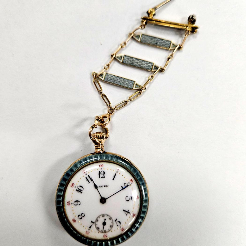 Antique Gruen 14K Guilloché Enamel Seed Pearl Pendant Pocket Watch, Circa 1910 MDEB-00310