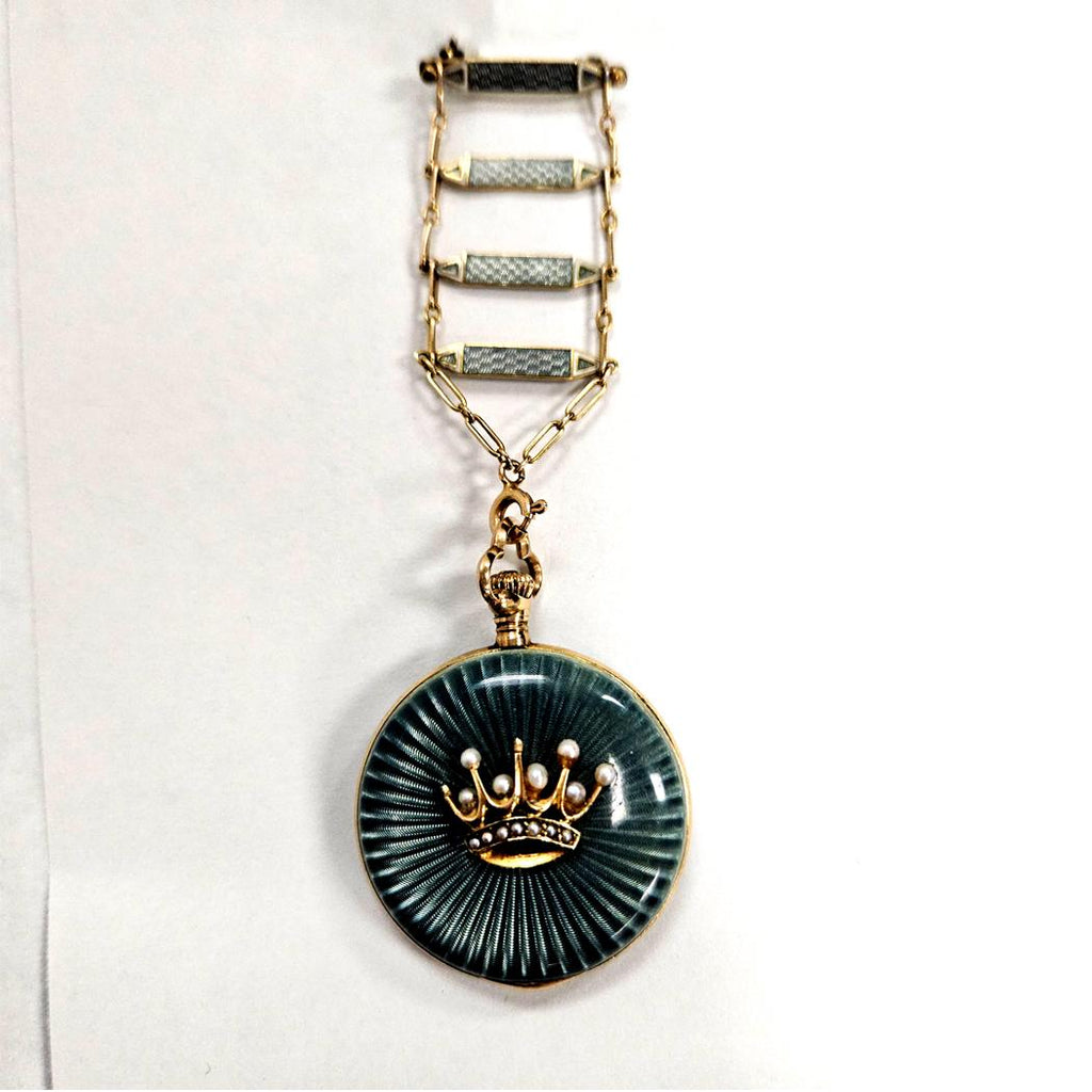 Antique Gruen 14K Guilloché Enamel Seed Pearl Pendant Pocket Watch, Circa 1910 MDEB-00310