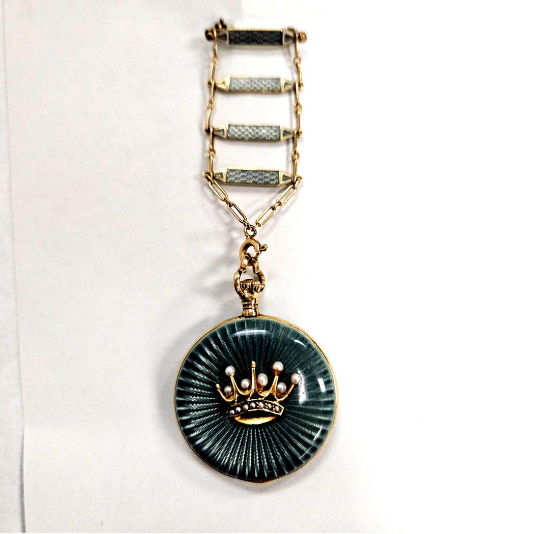 Antique Gruen 14K Guilloché Enamel Seed Pearl Pendant Pocket Watch, Circa 1910 MDEB-00310