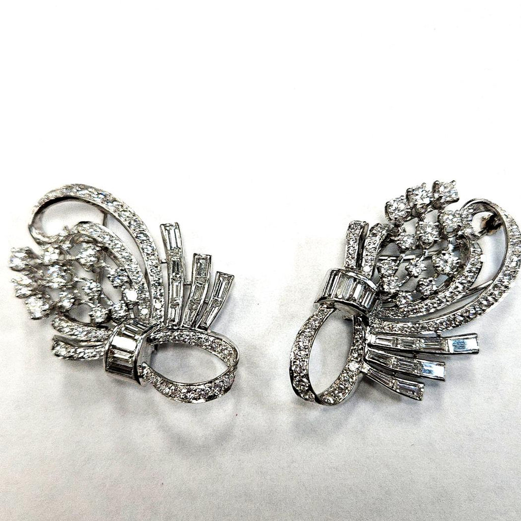 Platinum Diamond Convertible Bow Brooch Double Clip 16 Carats Edwardian MDEB-00311