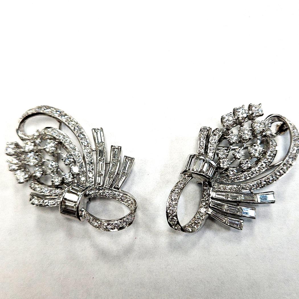 Platinum Diamond Convertible Bow Brooch Double Clip 16 Carats Edwardian MDEB-00311