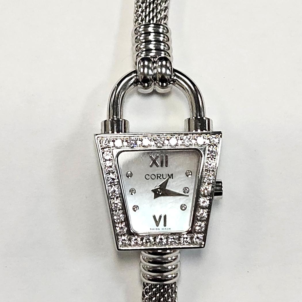 Corum Trapeze Diamond Stainless Steel Padlock Ladies Watch, Mother of Pearl Dial, Swiss Made