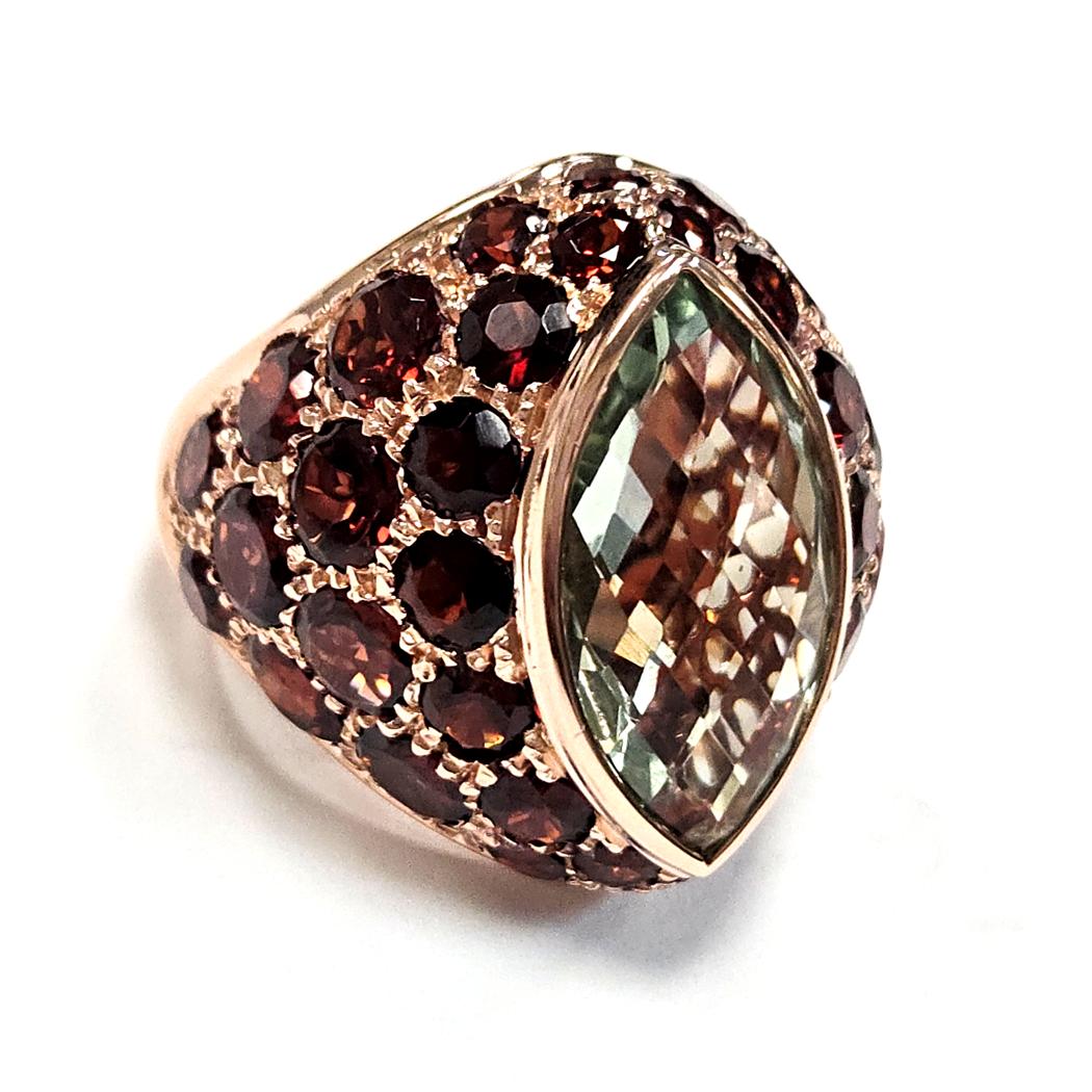 14 Karat Rose Gold Green Amethyst and Garnet Ring, Made in Italy