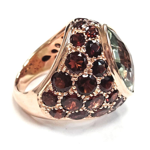 14 Karat Rose Gold Green Amethyst and Garnet Ring, Made in Italy