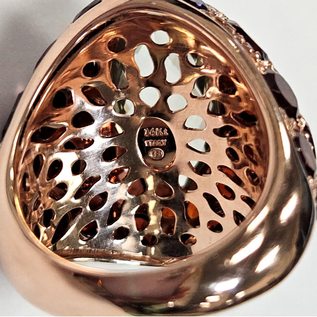 14 Karat Rose Gold Green Amethyst and Garnet Ring, Made in Italy