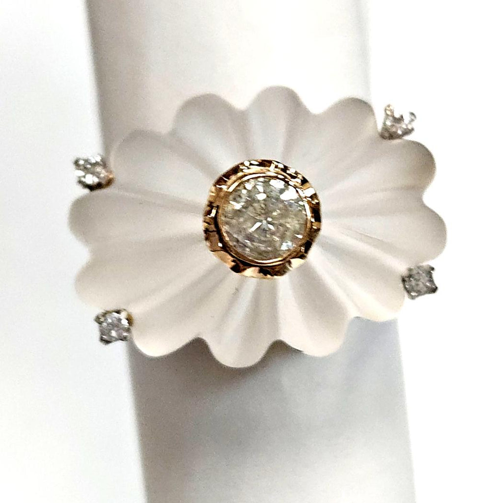 14k Yellow Gold Carved Rock Crystal and Diamond Ring, 0.38ct size 7 1/2