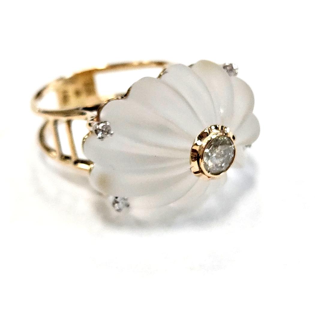 14k Yellow Gold Carved Rock Crystal and Diamond Ring, 0.38ct size 7 1/2