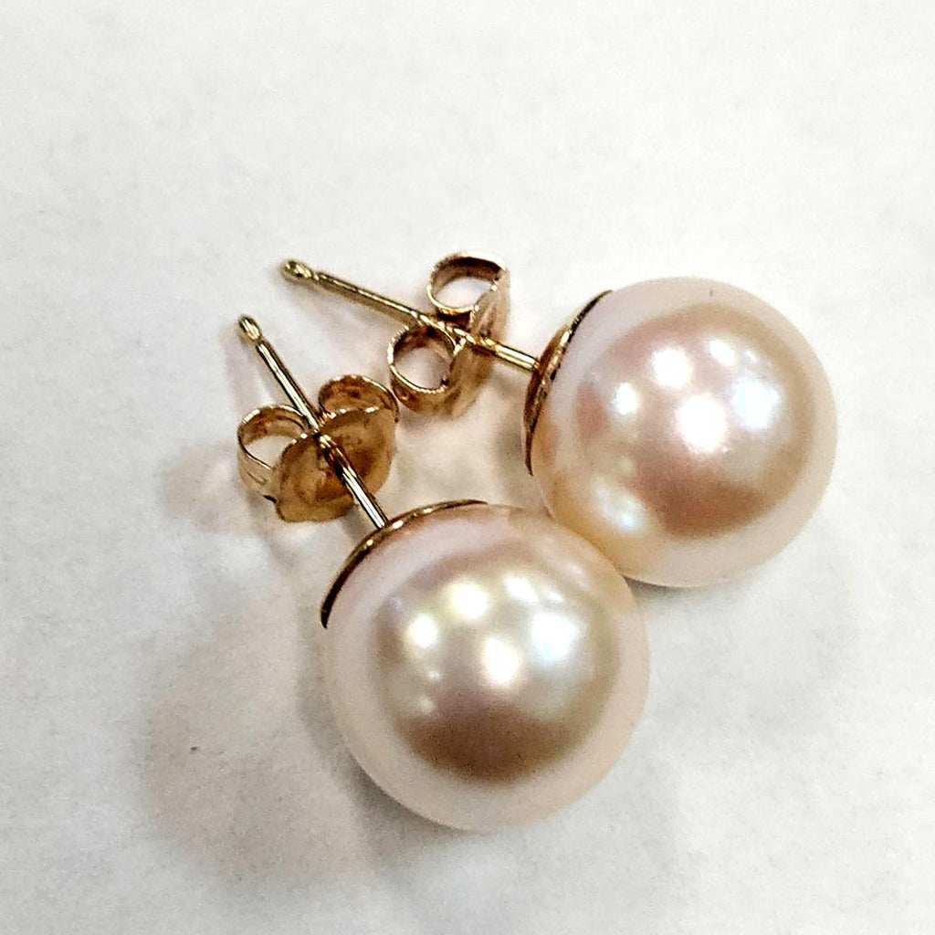 14 Karat Yellow Gold 9mm Freshwater Pearl Stud Earrings, Made in USA, New