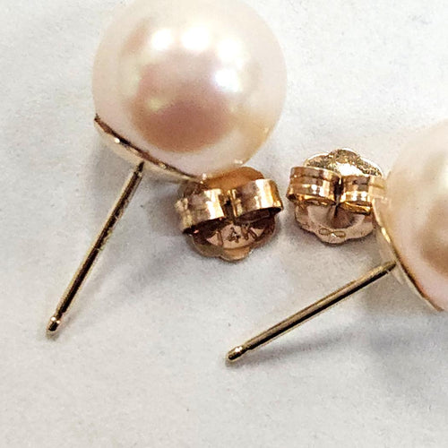 14 Karat Yellow Gold 9mm Freshwater Pearl Stud Earrings, Made in USA, New