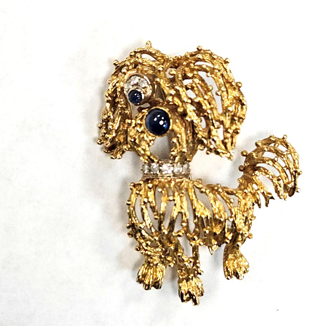 Vintage Italian 18kt Gold Diamond Sapphire Terrier Dog Brooch Pin, Textured