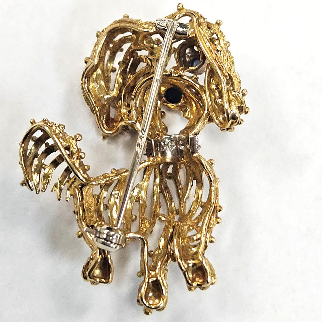 Vintage Italian 18kt Gold Diamond Sapphire Terrier Dog Brooch Pin, Textured