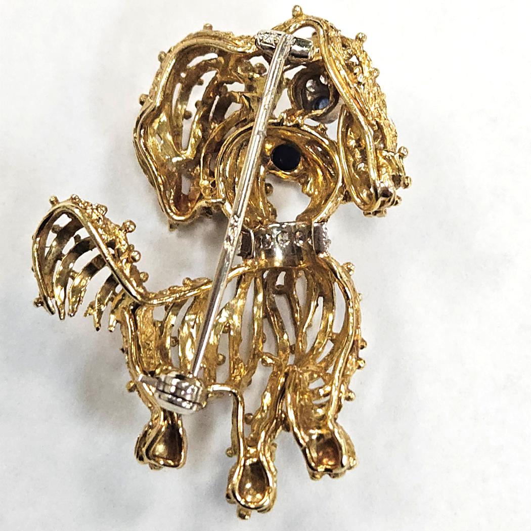 Vintage Italian 18kt Gold Diamond Sapphire Terrier Dog Brooch Pin, Textured