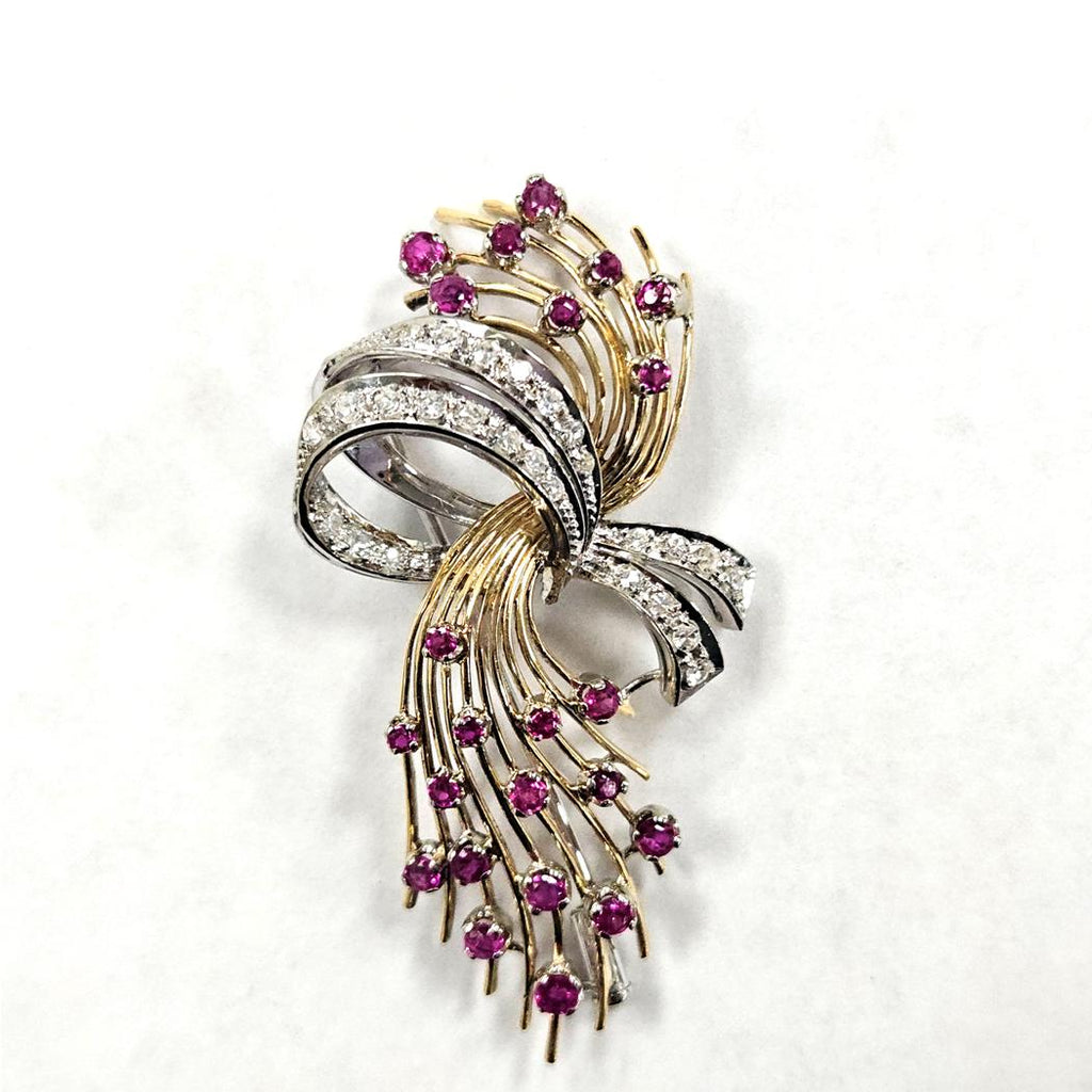 Vintage 18kt Gold Ruby Diamond Spray Brooch, Mid Century Ribbon Floral Design