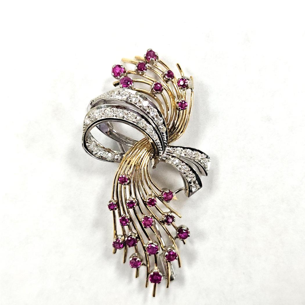 Vintage 18kt Gold Ruby Diamond Spray Brooch, Mid Century Ribbon Floral Design