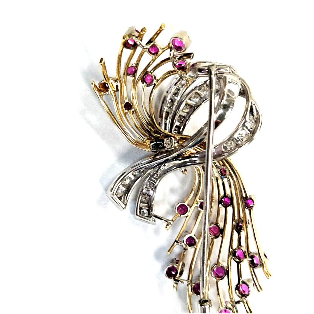 Vintage 18kt Gold Ruby Diamond Spray Brooch, Mid Century Ribbon Floral Design