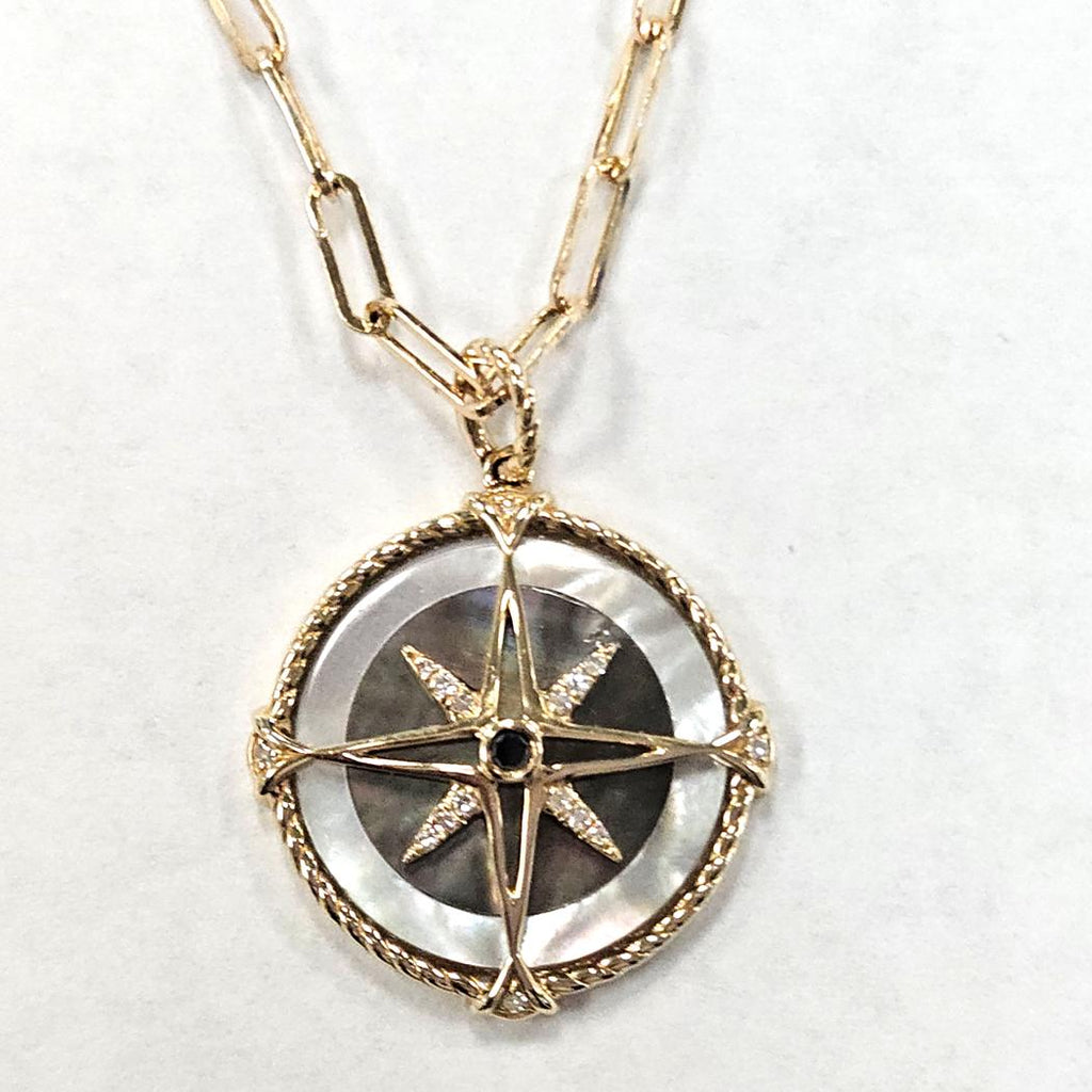 Effy Diamond Compass Pendant Necklace in 14 Karat Gold with Mother-of-Pearl