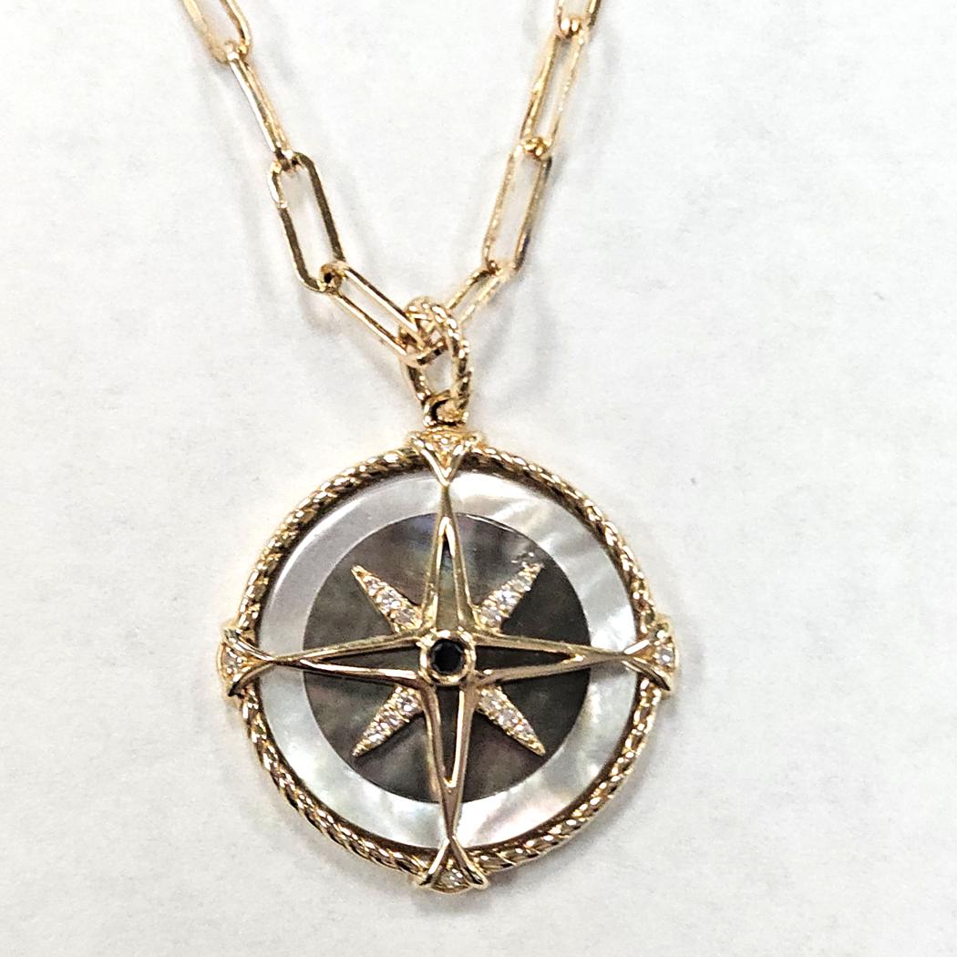 Effy Diamond Compass Pendant Necklace in 14 Karat Gold with Mother-of-Pearl