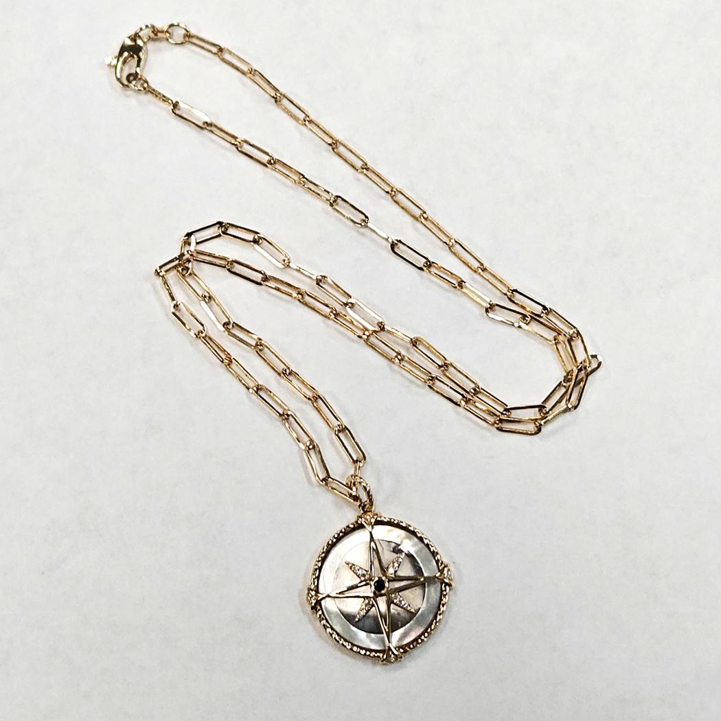 Effy Diamond Compass Pendant Necklace in 14 Karat Gold with Mother-of-Pearl