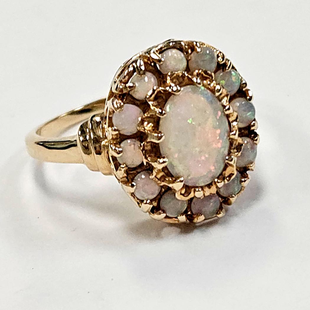14 Karat Yellow Gold Oval Cabochon Opal Cluster Ring with Natural Opals