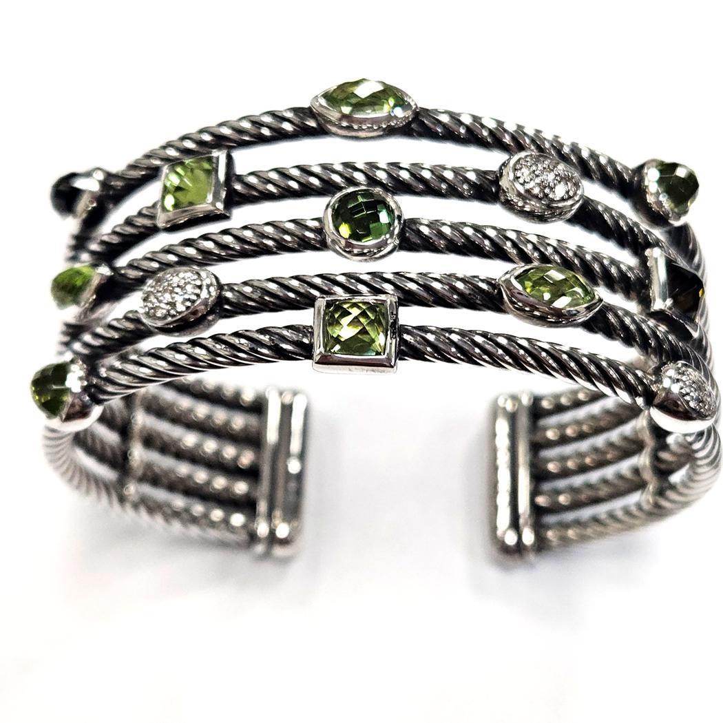 David Yurman Sterling Silver & Peridot Confetti Bracelet with Diamonds – 5-Row   MD-EB-261
